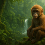 baby monkey in forest with waterfall
