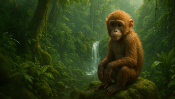 baby monkey in forest with waterfall