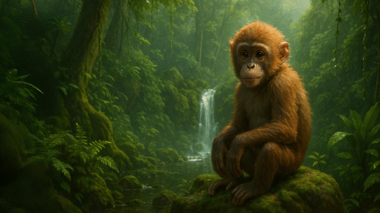 baby monkey in forest with waterfall