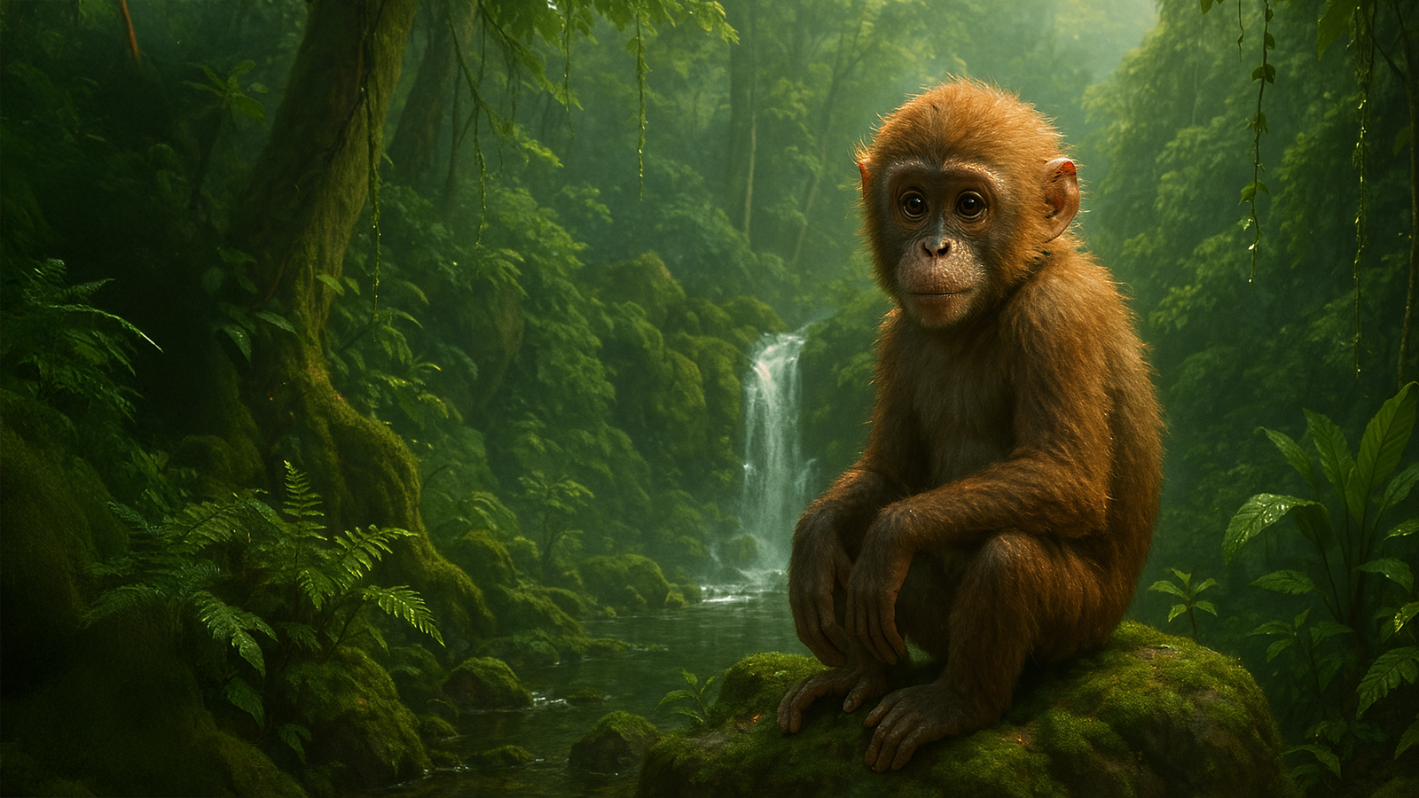 baby monkey in forest with waterfall
