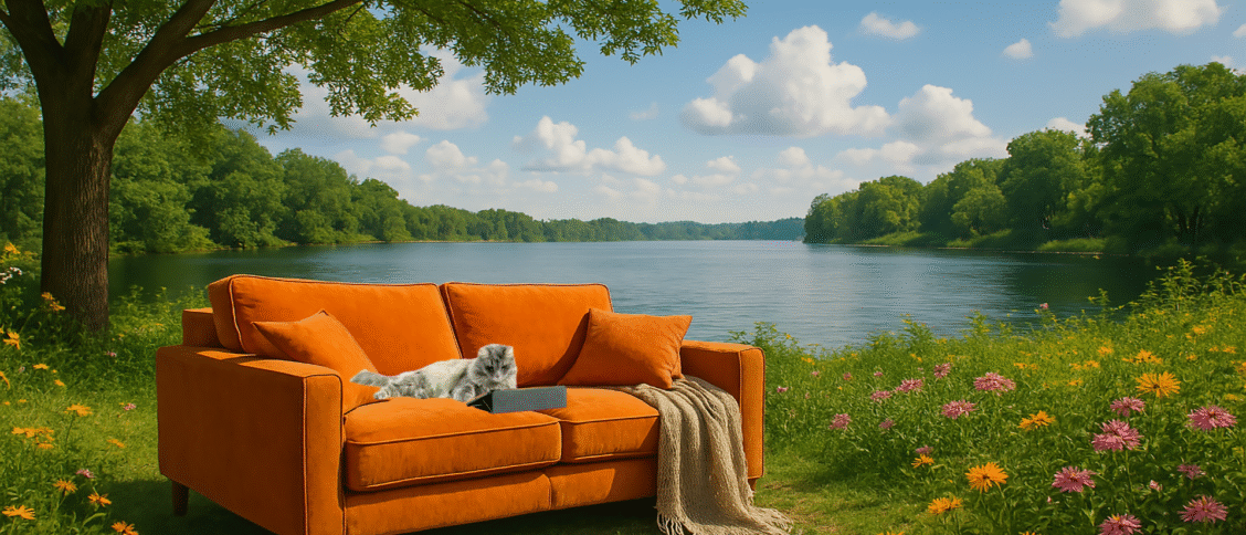 cat sitting on orange sofa by lake