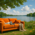 cat sitting on orange sofa by lake