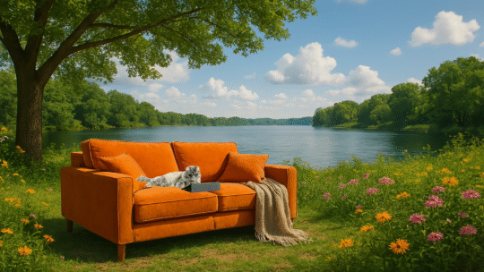 cat sitting on orange sofa by lake