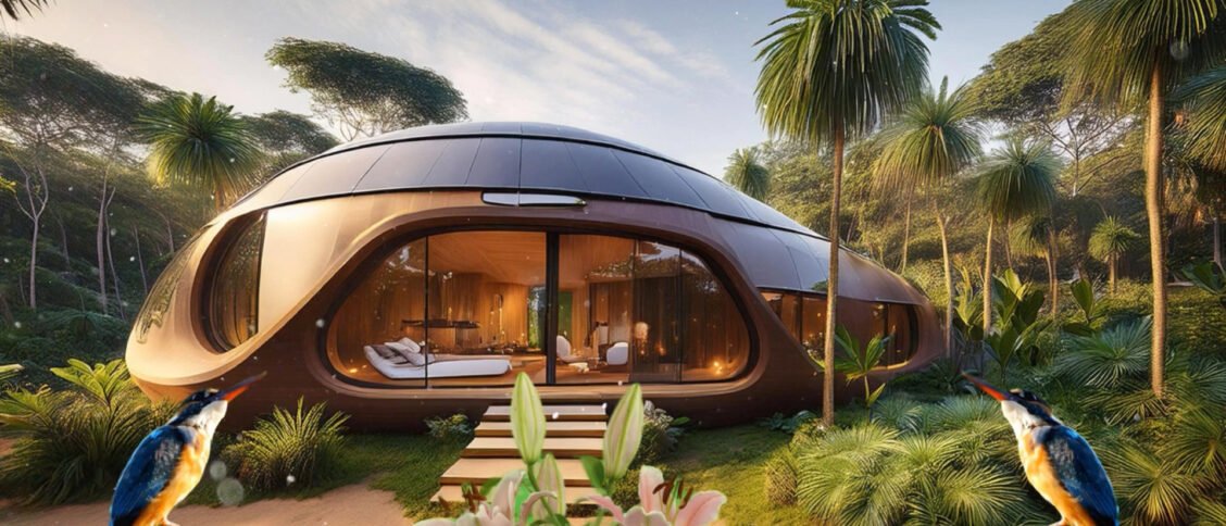 peaceful eco dome in nature with birds