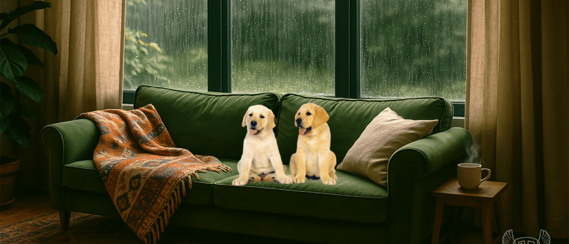 two cute pups on sofa in front of large glass windows, rain pouring outside
