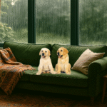 two cute pups on sofa in front of large glass windows, rain pouring outside