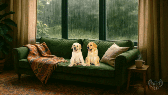 two cute pups on sofa in front of large glass windows, rain pouring outside