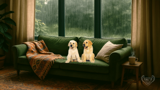 two cute pups on sofa in front of large glass windows, rain pouring outside