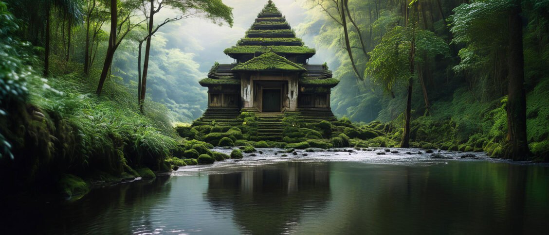 temple in nature by peaceful lake