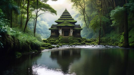 temple in nature by peaceful lake