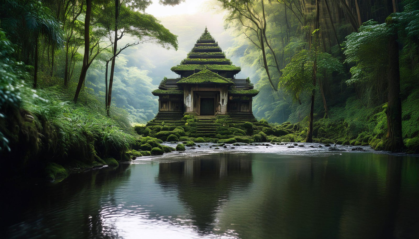 temple in nature by peaceful lake