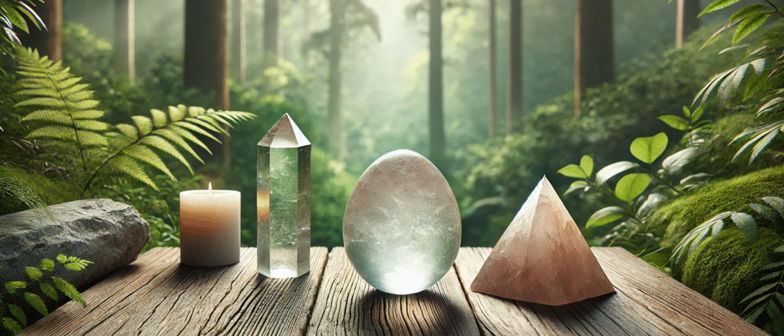 crystals on and candles in a forest