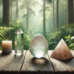 crystals on and candles in a forest
