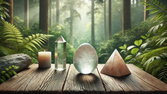 crystals on and candles in a forest