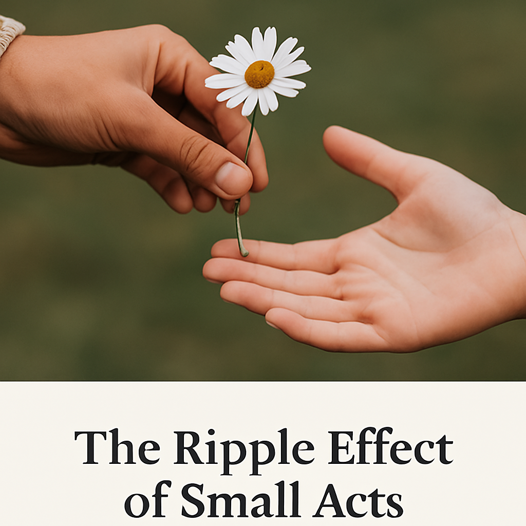 hand giving a daisy to another, captioned, "The Ripple effect of Small Acts"