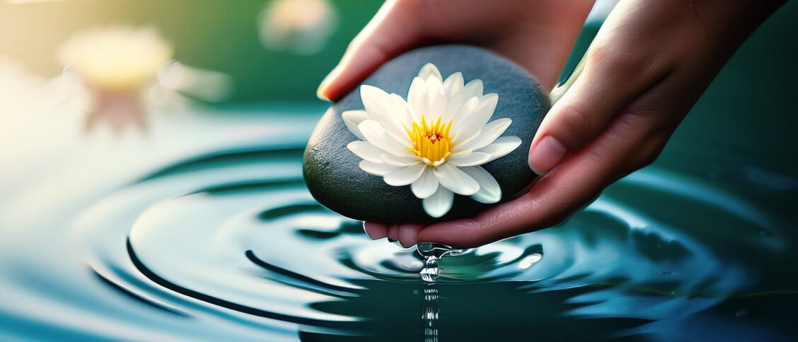 Hands holding a white petal lily flower over rippling water.