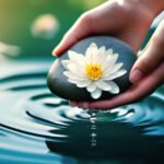 Hands holding a white petal lily flower over rippling water.