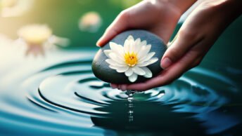 Hands holding a white petal lily flower over rippling water.