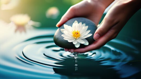 Hands holding a white petal lily flower over rippling water.