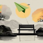 Outdoor scene with park bench between two trees and paper plane floating away.