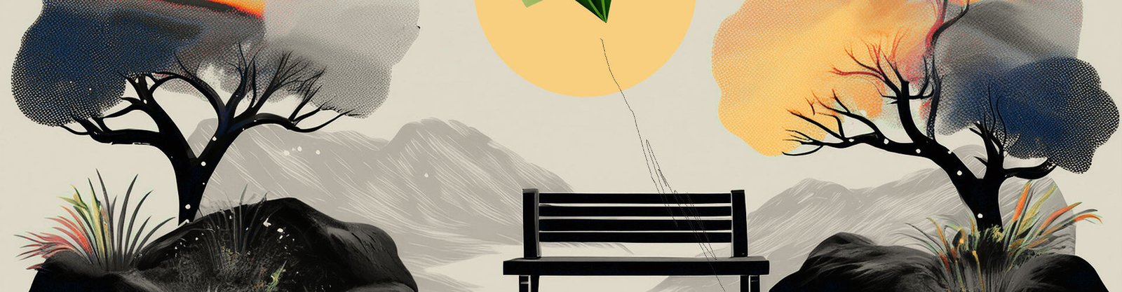 Outdoor scene with park bench between two trees and paper plane floating away.