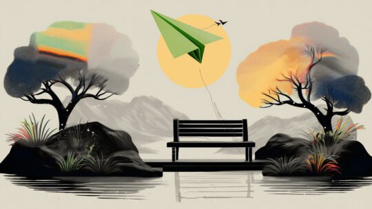 Outdoor scene with park bench between two trees and paper plane floating away.