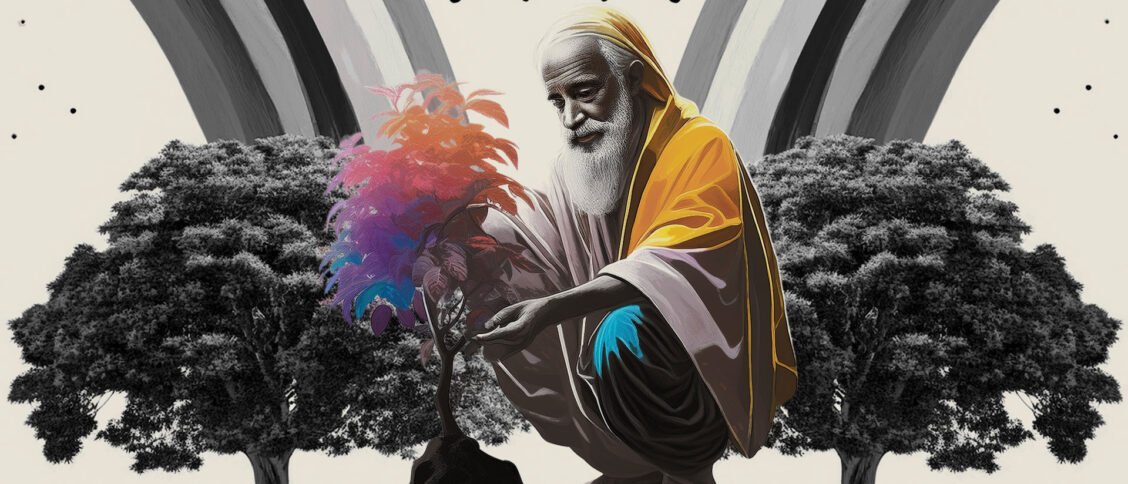 monk planting a sapling with a tree on either side