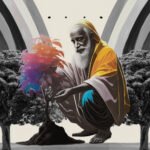 monk planting a sapling with a tree on either side