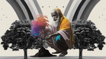 monk planting a sapling with a tree on either side