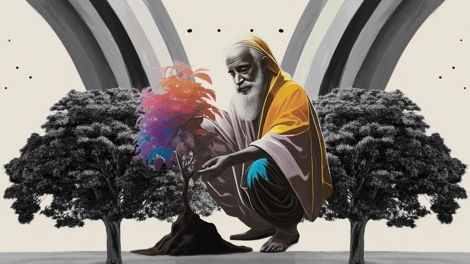 monk planting a sapling with a tree on either side