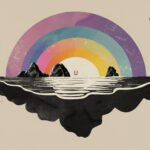Abstract image of floating archipelago with ocean and birds.