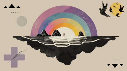 Abstract image of floating archipelago with ocean and birds.