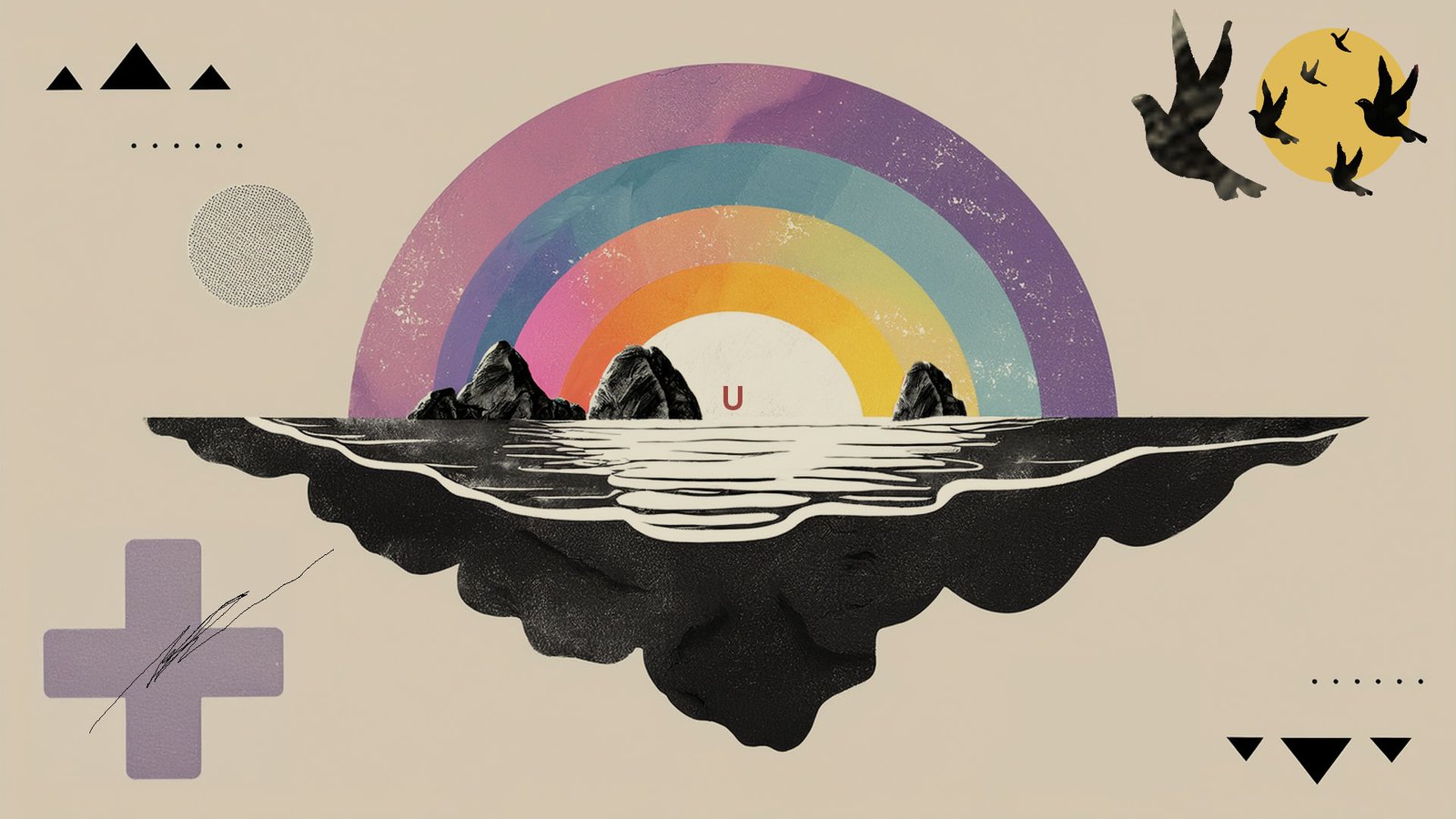 Abstract image of floating archipelago with ocean and birds.