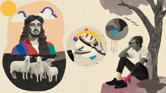 A shepherd with three sheep, and a dejected man sitting under a tree.