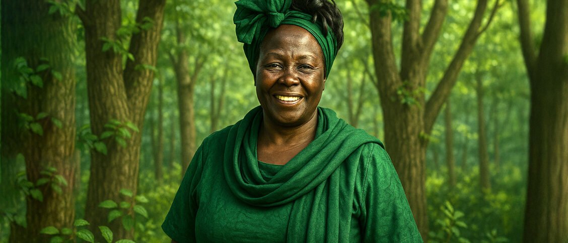 Smiling Wangari Maathai in lush forest surrounded by trees.