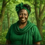 Smiling Wangari Maathai in lush forest surrounded by trees.