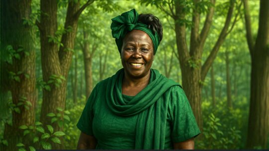 Smiling Wangari Maathai in lush forest surrounded by trees.