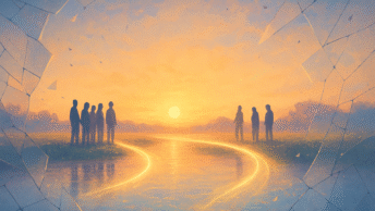 People on opposite of a road, the sun in the distant horizon as a symbol of hope.