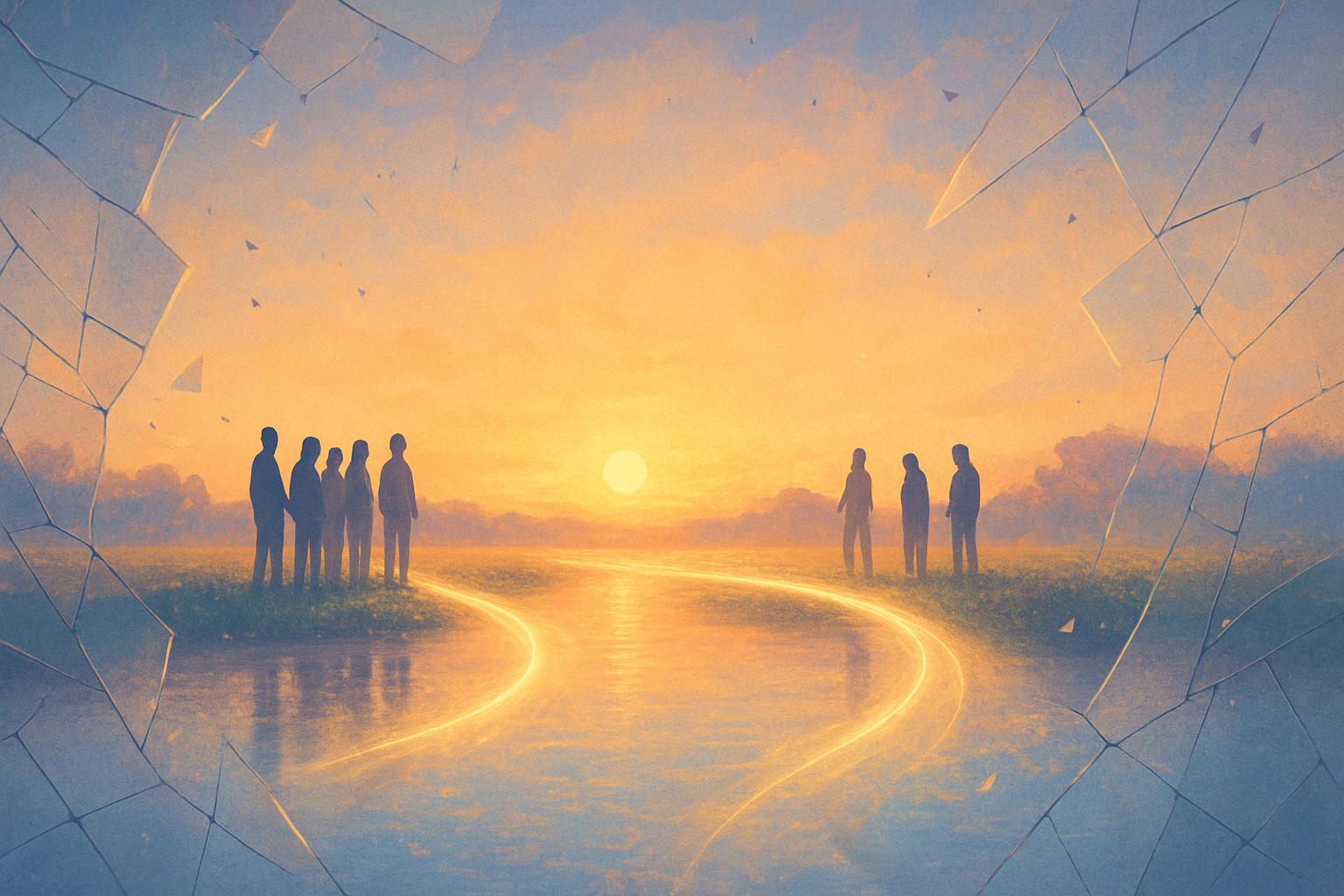 People on opposite of a road, the sun in the distant horizon as a symbol of hope.