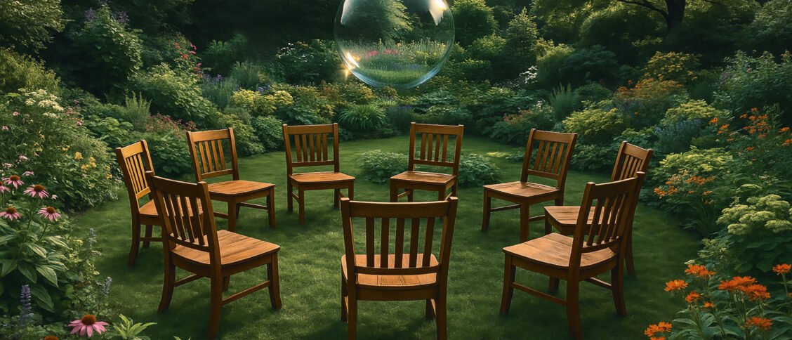Nine wooden chairs positioned around a circle in a lush, peaceful garden.
