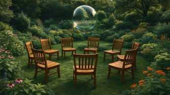 Nine wooden chairs positioned around a circle in a lush, peaceful garden.