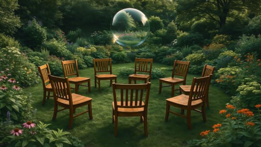 Nine wooden chairs positioned around a circle in a lush, peaceful garden.