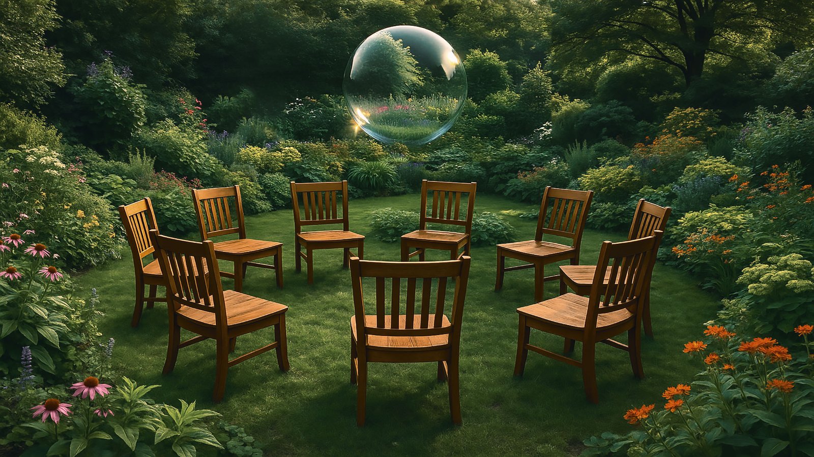 Nine wooden chairs positioned around a circle in a lush, peaceful garden.