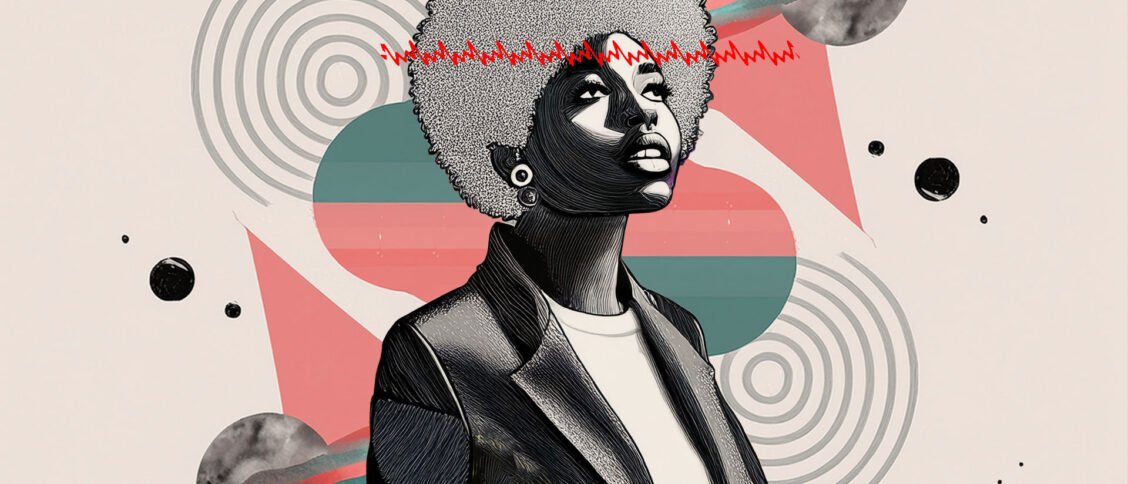 Afro-haired woman in digital algorithm.
