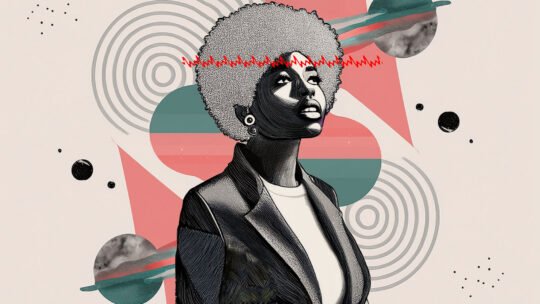 Afro-haired woman in digital algorithm.