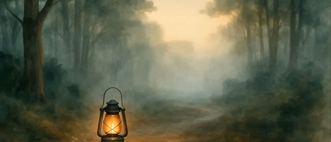 A watercolor style rendering of a lantern in a dark forest.