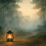 A watercolor style rendering of a lantern in a dark forest.