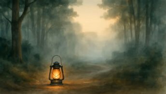 A watercolor style rendering of a lantern in a dark forest.