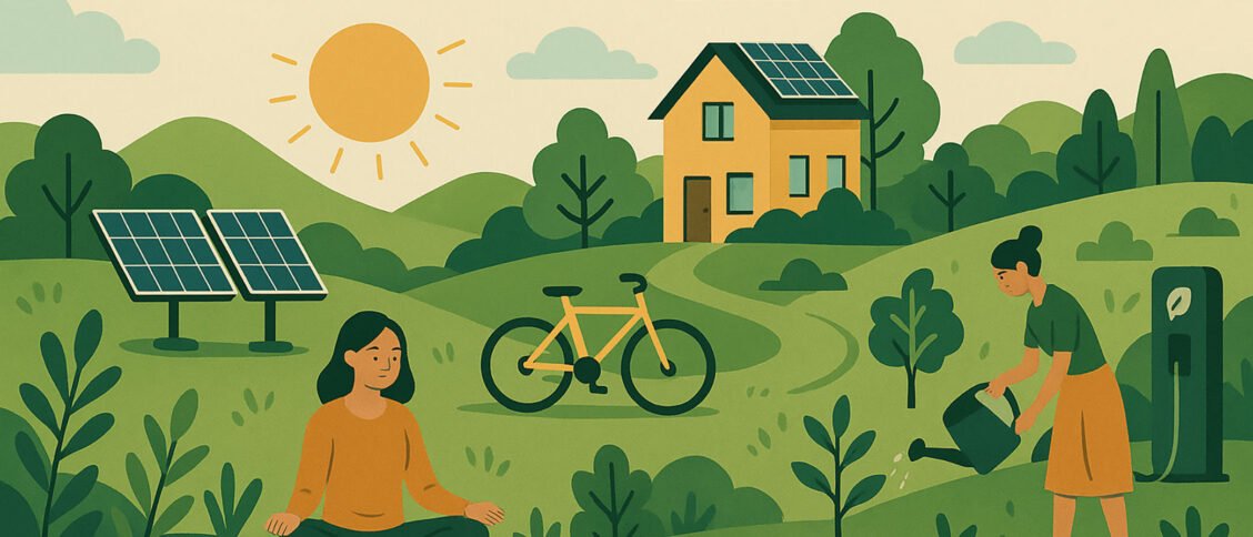 Peaceful scene with A meditating woman and woman watering a garden. A house in the background, a bicycle, and solar panels.