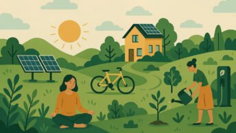 Peaceful scene with A meditating woman and woman watering a garden. A house in the background, a bicycle, and solar panels.